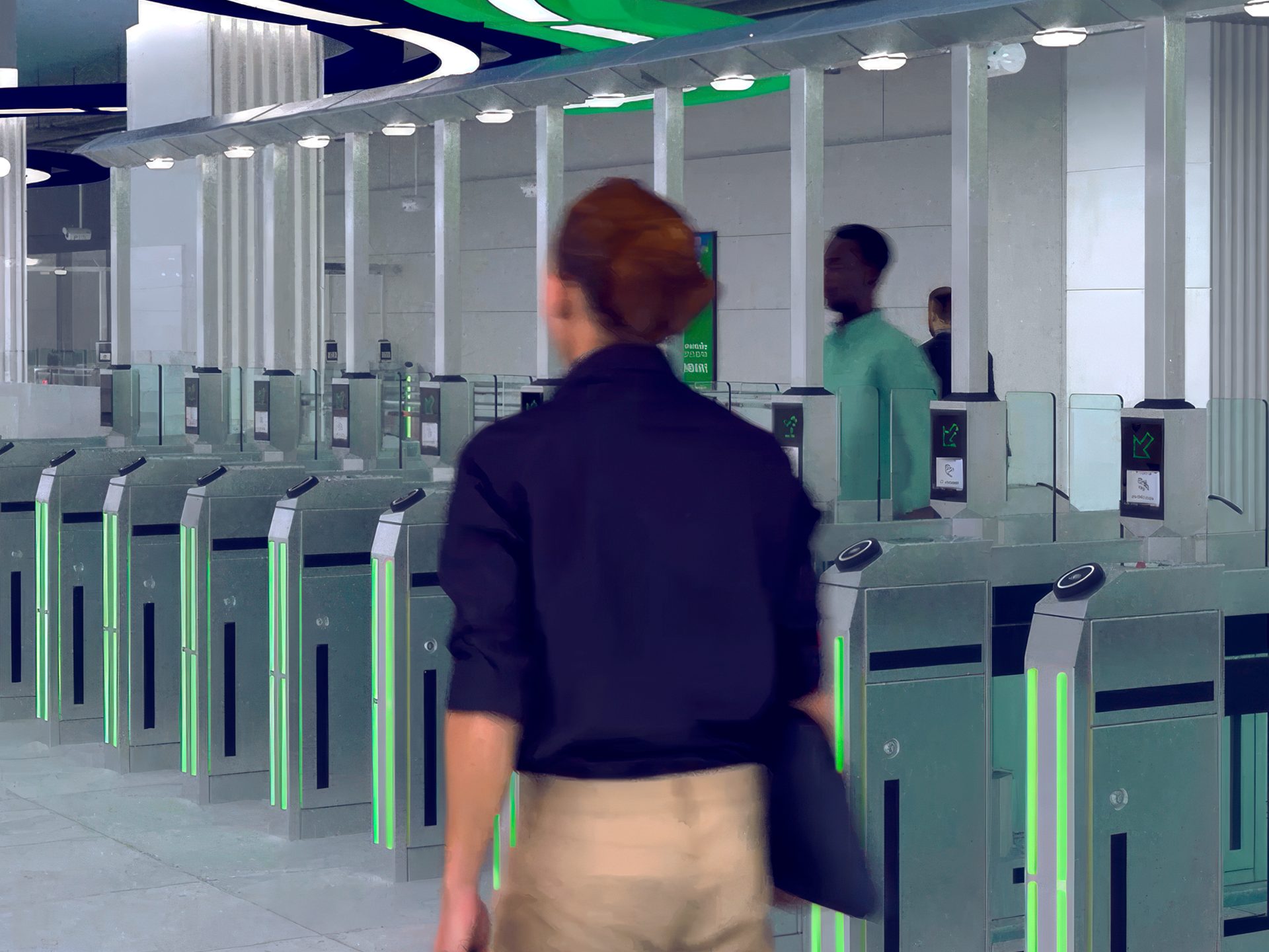 Passager franchissant les portillons modernes de l’Innovative Fare Gate P|50 Solution dans une gare ferroviaire