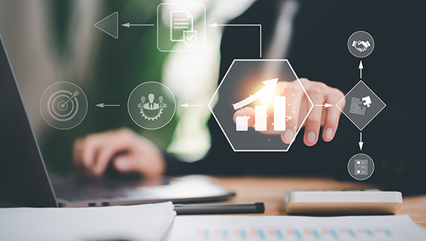 Businessman showing business process and workflow with virtual flowchart,planning and setting corporate growth goals, Business Process Optimization ,Business solutions ,success strategy steps